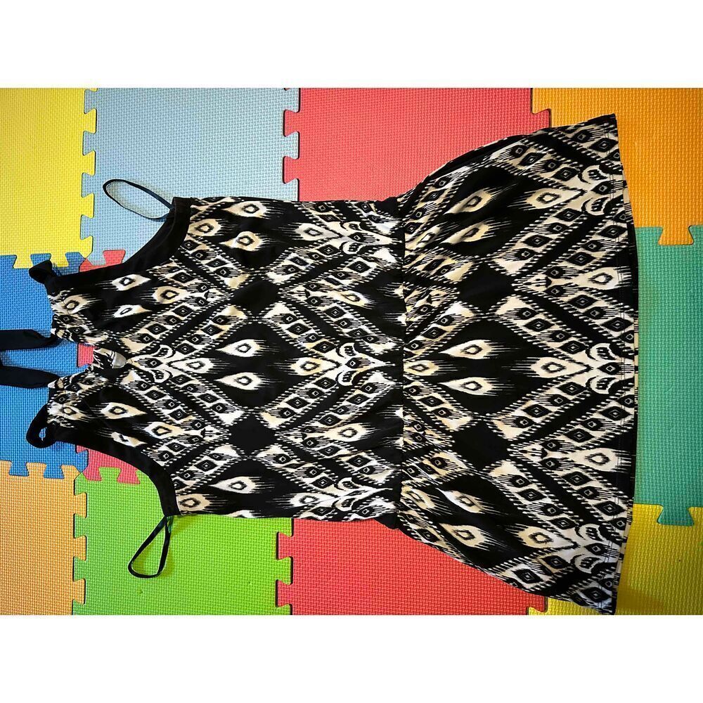 White House Black Market Black White Sleeveless Tie Neck Elastic Waist Dress - Picture 6 of 6